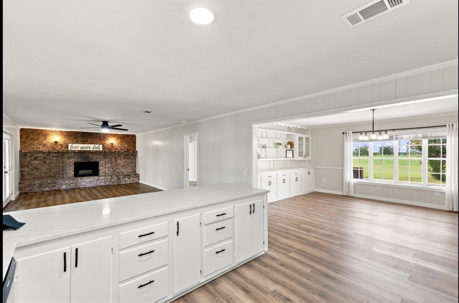 Remodeled living room open to the kitchen